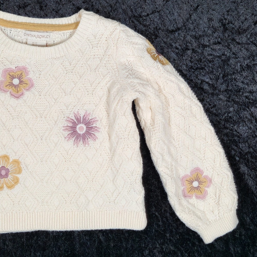 Cynthia Rowley Cream Cable Knit Sweater Embroidered Floral Puff Sleeve Kids 2T